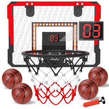 LED Indoor Mini Basketball Hoop for Kids with Electronic Scoreboard, Wall Mount Basketball Hoop Toy with Foldable Rim, Birthday Gift for 5-13 Year Old Boys, Red
