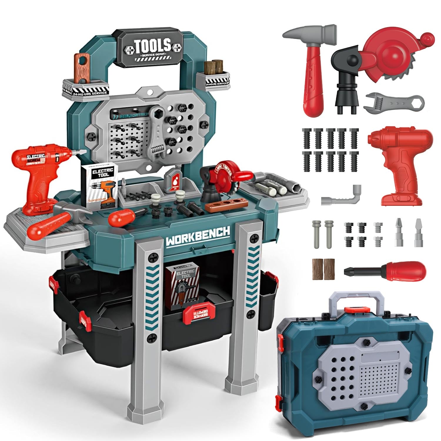 JoyStone 2 in 1 Kids Tool Bench Set,79 PCS Pretend Play Tool Bench for Kids with Tools, Electric Drill, Clothes and Transformable Tool Set, Learning Gift for Boys & Girls Age 3-5,Green