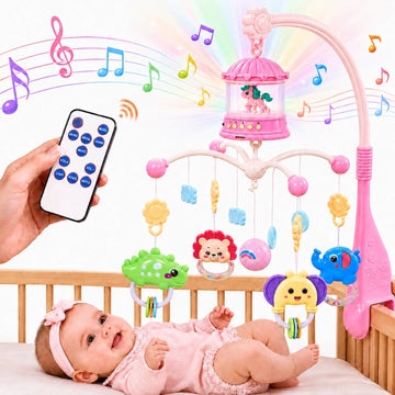 WonderStone Baby Musical Rotating Crib Mobile with Adjustable Lights, Bassinet Mobile Toy with Remote Control & Teether Rattle Pendants,Batteries Included, Gift for Newborn Infant Boys and Girls,Pink