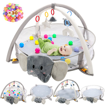 JoyStone 5 IN 1 Elephant Large Baby Gym Play Mat with 30 Balls, 5 Detachable Sound Toys, Baby Sensory Mat for for Toddler Infant 0-12 Months, Newborn Gift for Boys and Girls, Gray
