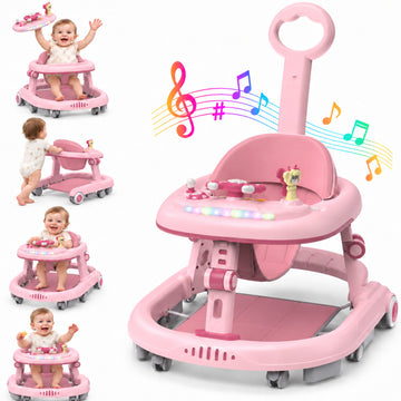 WonderStone 6 in 1 Baby Walker with Steering Wheel, Adjustable Seat and Height, Music & Light,Walkers and Activity Center for Boys and Girls 6-24 Months (Pink)