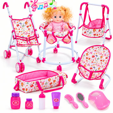 WonderStone 14"Baby Doll Playset with Stroller & Walker，Pretend Play Toy with Feeding Accessories for Kids