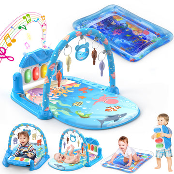 2 in 1 Baby Gym Playmat, Tummy Time Water Mat with 5 Infant Sensory Toys & Play Piano, Boys and Girls Newborn Gift 0-12 Month (Blue)