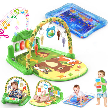 2 in 1 Baby Gym Playmat, Tummy Time Water Mat with 5 Infant Sensory Toys & Play Piano, Boys and Girls Newborn Gift 0-12 Month (Green)