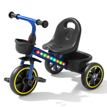 JoyStone Toddler Tricycle for Ages 1-4 Years, Kids Trike Toddler Bike with Cool Lights, Adjustable Seat & Basket, Blue