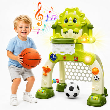 WonderStone 3 in 1 Dinosaur Toddler Basketball Hoop & Soccer Goal, Sports Activity Center with 7 Play Modes & Music, 7-Level Adjustable Height, Learning Toy for 1–3-Year-Old Boys and Girls