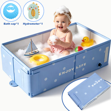 Wonderstone Portable Foldable Bathtub, Rectangle Baby Shower Tub with Drainage Design, Beach Vacation Travel Essentials for 1-3 Kids Toddler (Blue)