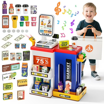 JoyStone 47PCS Pretend Play Cash Register Toy with Light and Sound, Pretend Calculator, Scanners, Preschool Gifts for Toddlers for Boys and Girls, Blue
