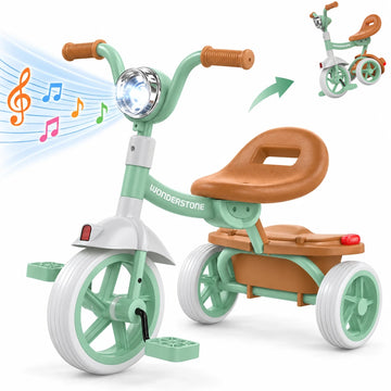 WonderStone Folding Toddler Tricycle, Kids Bike with Music & Light, Toddler Trike with Basket, Gifts & Toys for 2-5 Year Old Boys & Girls, Green
