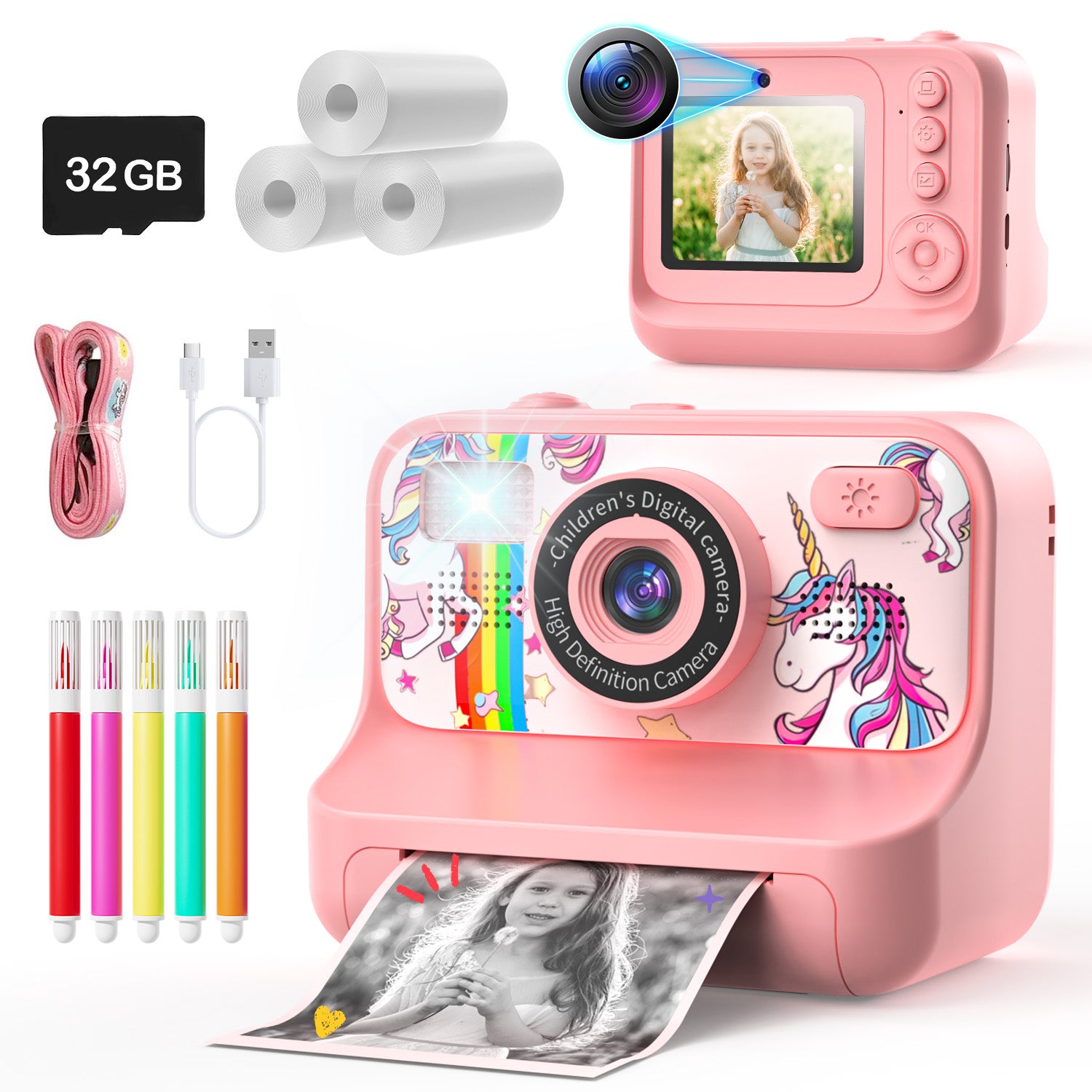 JoyStone Kids Camera Instant Print with Printing Paper and 32G Card, Gift for Girls and Boys Aged 3-12, Pink