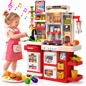 WonderStone 66 PCS Kids Kitchen Playset with Learning Tablet, Realistic Cooking Sounds & Lights, Play Food & DIY Play Dough, Pretend Cooking Toys for Ages 4–8, Red