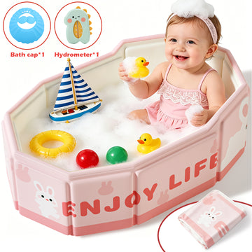 WonderStone Portable Foldable Bathtub, Collapsible Baby Shower Tub with Drainage Design, Beach Vacation Travel Essentials for 1-3 Kids Toddler (Pink)