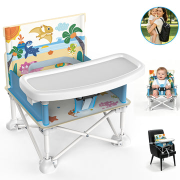 Wonderstone Portable Baby High Chair for Outdoor Travel, Foldable Dining Booster Seat with Detachable Tray & Storage Bag, Secure Safety Harness for Infants Toddlers, Blue & Whie