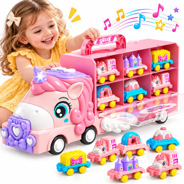 WonderStone 3-in-1 Pink Unicorn Toy Car Set, Carrier Truck with Light & Sound, Push-and-Go Vehicle Toy, Birthday Gift for Girls Ages 3–7