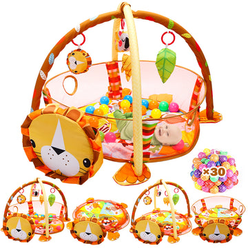 JoyStone 4 IN 1 Turtle Baby Play Gym Activity Mat with 30 Balls, 4 Detachable Sound Toys, Baby Sensory Mat for for Toddler Infant 0-12 Months, Newborn Gift for Boys and Girls, Yellow