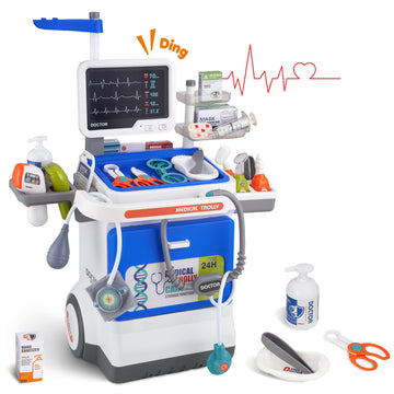 JoyStone Doctor Kit for Toddlers with Medical Cart, 32pcs Pretend Play Doctor Toys with Stethoscope & Thermometer, Role Play Gift for Kids Ages 3+ (Blue)