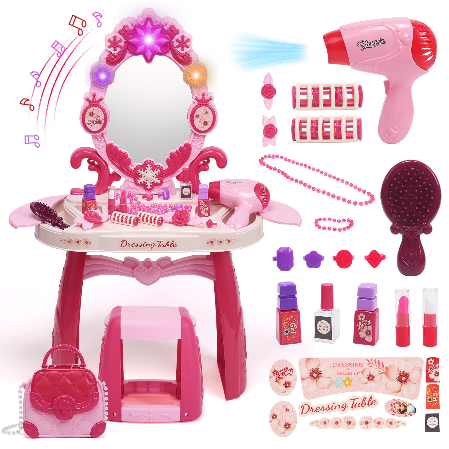 JoyStone Toddler Vanity Makeup Table with Mirror and Chair, Sound and Light Mirror and Beauty Accessories, Girls Vanity for Toddlers 3-5 Years Old, Pink