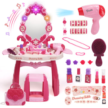 JoyStone Toddler Vanity Makeup Table with Mirror and Chair, Sound and Light Mirror and Beauty Accessories, Girls Vanity for Toddlers 3-5 Years Old, Pink