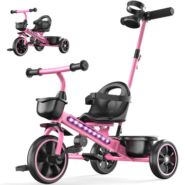 JoyStone 2-in-1 Toddler Tricycle, Kids Trike with Parent Push Handle, LED Lights, Adjustable Seat, Storage Basket, Push Tricycle Bike for 1-4 Year Old Boys and Girls, Pink