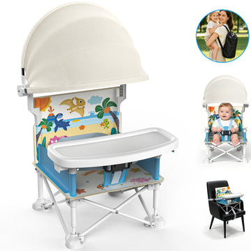 WonderStone Portable Baby Booster Seat with Removable Canopy, Foldable Dining Chair for Outdoor Travel Beach for Infants Toddlers, Blue & White