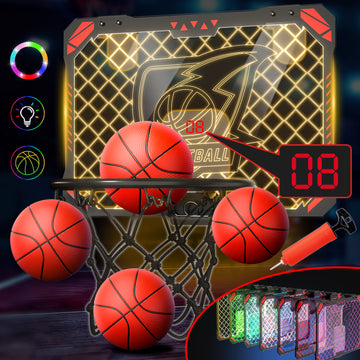 WonderStone LED Mini Basketball Hoop for Kids with Electronic, Over the Door Basketball Hoop with Foldable Rim, Glow in the Dark Toys Birthday Gift for 6-13 Year Old Boys (Red)
