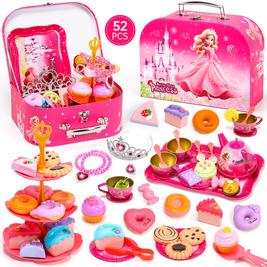 JoyStone 52 PCS Tea Party Set, Pretend Tin Teapot Set with Crown, Necklace, Rings, Cups, Plates & Accessories, Ideal Birthday and Holiday Gifts for Kids Age 3-6, Pink