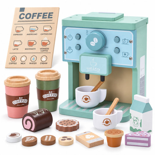 WonderStone 16-Piece Wooden Coffee Maker Toy Set, Complete Playset with Coffee Cups, Desserts, Menu & Accessories, Pretend Play Kitchen Toy for Toddlers Boys Girls Age 3+, Birthday Gift