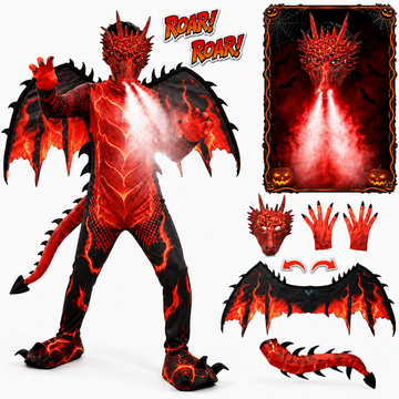Wonderstone Kids Dragon Costume, Halloween Costume with Sound & Spray, Winged Design, Dragon Mask with LED Light, Dress-Up Costume for Cosplay Party, Suitable for Kids Ages 6–14, Red-L