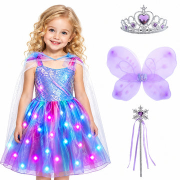 WonderStone Princess Dress for Girls, Light-Up Fairy Costume Dress-Up with Luxury Accessories, Purple Tutu Outfit for Birthday Parties, Kids & Toddlers Ages 4–5