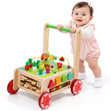 Wonderstone Wooden Baby Walker with Wheels, Adjustable Speed & Height Learning Push Walker, Sensory Educational Activity Center Learning Toy for Boys and Girls Ages 12-36 Months