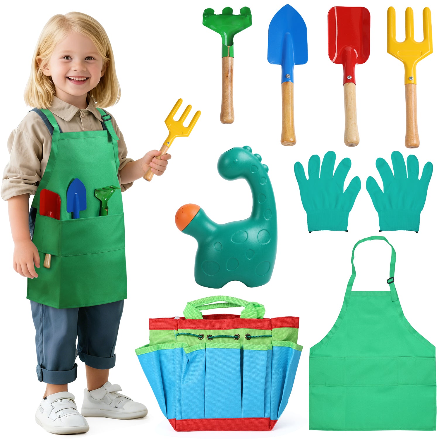 JoyStone Kids Gardening Set with Dinosaur Watering Can, Apron, Gloves & Tote Bag, Outdoor Pretend Play Garden Tools for Toddlers, Boys & Girls Ages 3+