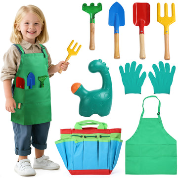 JoyStone Kids Gardening Set with Dinosaur Watering Can, Apron, Gloves & Tote Bag, Outdoor Pretend Play Garden Tools for Toddlers, Boys & Girls Ages 3+