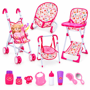 JoyStone Baby Doll Play Set with 12" Baby Doll, Stroller, High Chair, Doll Bed and Accessories, Doll Care Nursery Playset for Girls Ages 3+