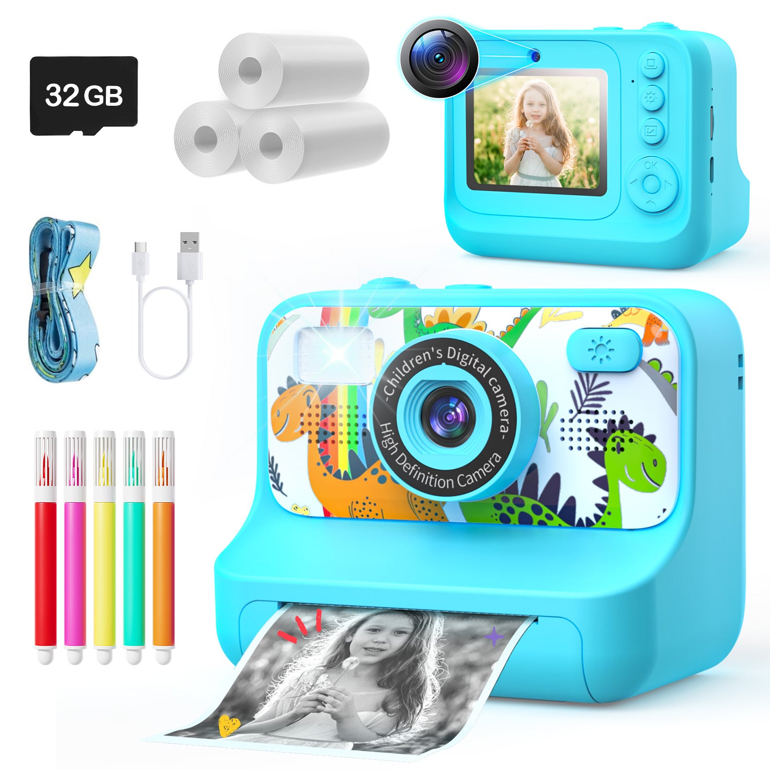 JoyStone Kids Camera Instant Print with Printing Paper and 32G Card, Gift for Girls and Boys Aged 3-12, Blue