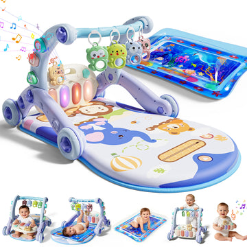 WonderStone 6-in-1 Baby Gym Play Mat, Activity Center Walker with Water Mat, 5 Infant Toys & Portable Musical Piano Panel for Babies 0–12 Months, Blue