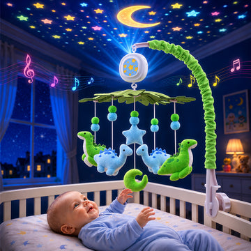 Wonderstone Dinosaur Baby Crib Mobile for Girls with Music Box, Rotating Plush Crib Toys for Newborns, Infant, Baby Shower Gift, Green+Blue