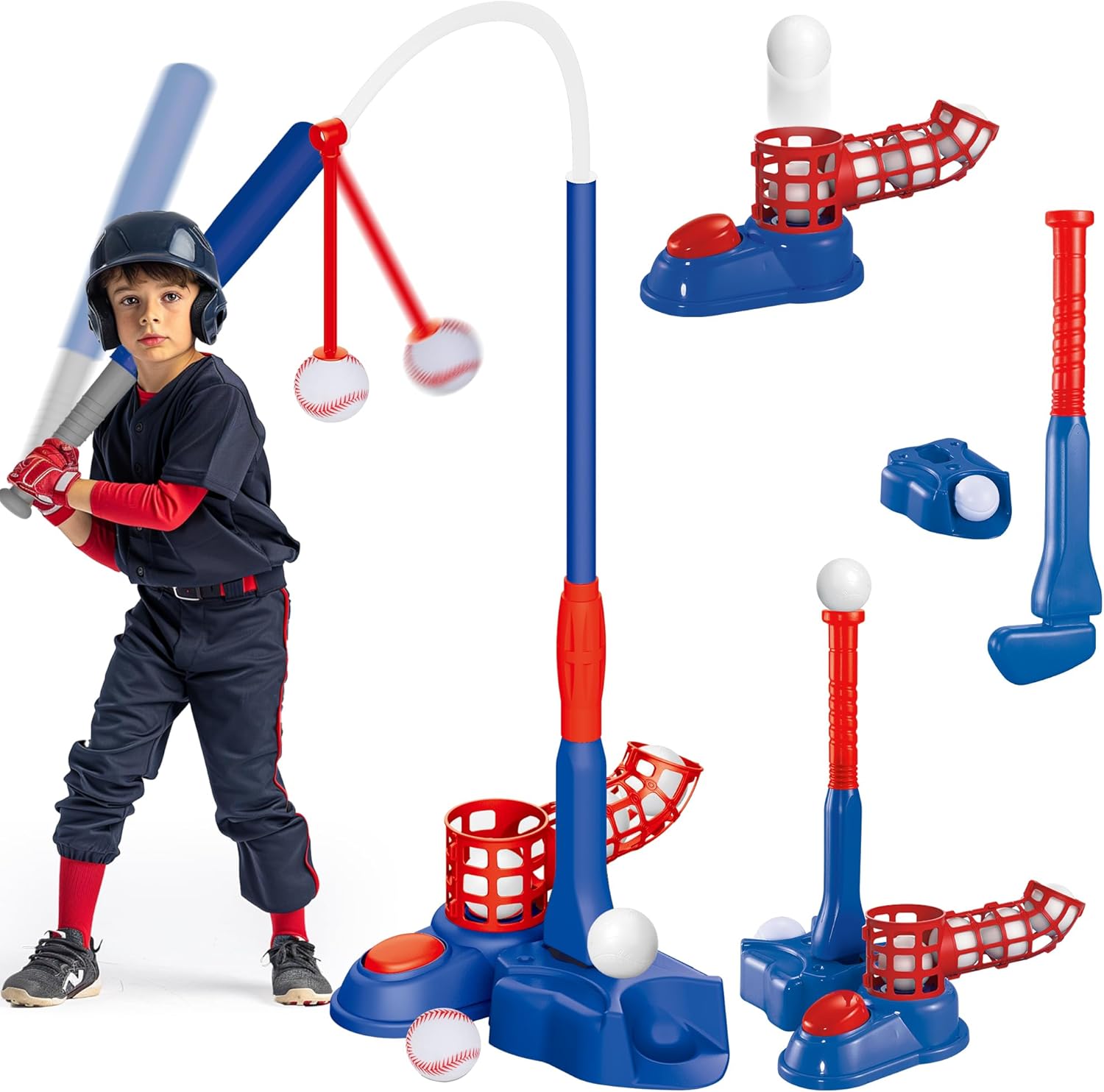 JoyStone 4-in-1 Baseball Set for Kids, Tee Ball Stand, Hanging Tee, Ball Launcher, Golf Clubs with 8pcs Training Golf Balls & Clubs Equipment, Indoor/Outdoor Sports Gifts for Boys, Red