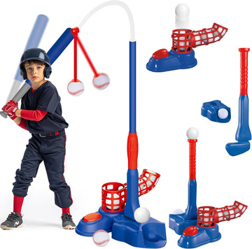JoyStone 4-in-1 Baseball Set for Kids, Tee Ball Stand, Hanging Tee, Ball Launcher, Golf Clubs with 8pcs Training Golf Balls & Clubs Equipment, Indoor/Outdoor Sports Gifts for Boys, Red