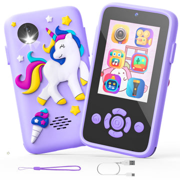 JoyStone Kids Button Smart Phone Toys for Kids, Play Toy Phone with Music Player Dual Camera Puzzle Games, Toddler Learning Toys for 3-8 Year Old, Birthday, Kids Trip Activities, Purple