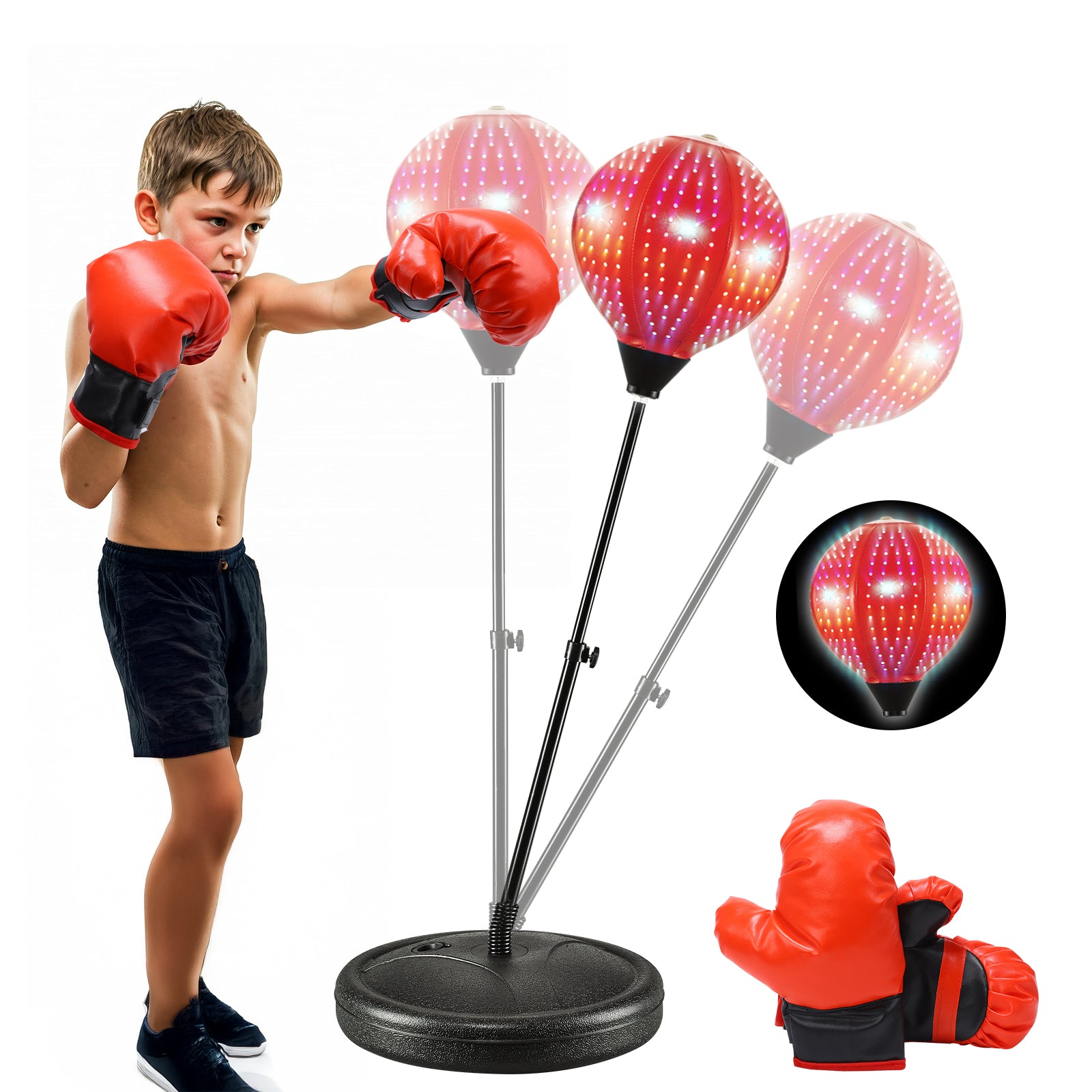 JoyStone Punching Bag with LED Lights, 42 Inch Kids Boxing Set with Stand & Boxing Gloves, Height Adjustable Boxing Bag Sport Toy for Boys and Girls Aged 3-10 Years Old, Black & Red