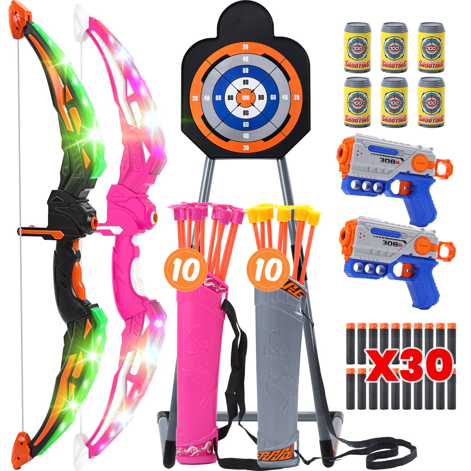 2-Pack Bow and Arrow for Kids, LED Light-Up Archery Set with 20 Suction Cup Arrows, Target & Quiver, Outdoor Yard Games Toys for Ages 4-13