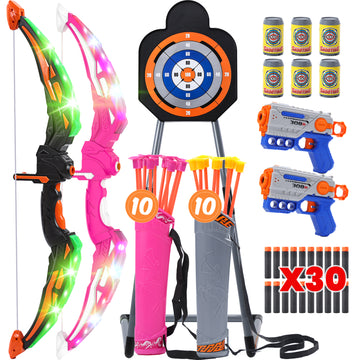2-Pack Bow and Arrow for Kids, LED Light-Up Archery Set with 20 Suction Cup Arrows, Target & Quiver, Outdoor Yard Games Toys for Ages 4-13