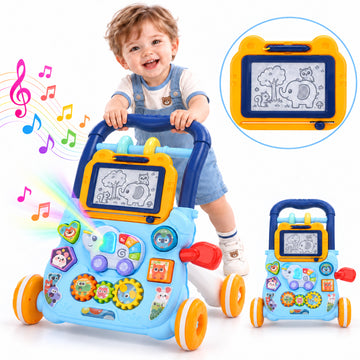 WonderStone 2-in-1 Baby Push Walker for Boys, Activity Center with Drawing Board, Early Educational Toy for Infants 12+ Months, Blue