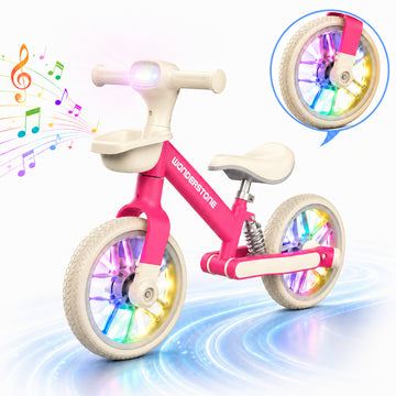 Wonderstone 10" Balance Bike for Kids with Colorful Lights/Music, Adjustable Seat Ride-On Toy with 2 Silent Wheels, Outdoor Toddler Training Bike for Boys and Girls Aged 2–6, Rose Pink