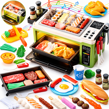 WonderStone 2-in-1 Microwave & BBQ Grill Kitchen Play Set, 47PCS Pretend Play Toy with Smoke, Lights & Sounds, Food & Pan Accessories, Cooking Toys for Toddlers Ages 3-6, Green
