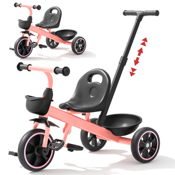 JoyStone 2-in-1 Toddler Tricycle for Ages 1-4 Years, Kids Trike Toddler Bike with Removable Push Handle, Adjustable Seat & Basket, Pink