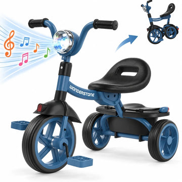 WonderStone Folding Toddler Tricycle, Kids Bike with Music & Light, Toddler Trike with Basket, Gifts & Toys for 2-5 Year Old Boys & Girls, Blue