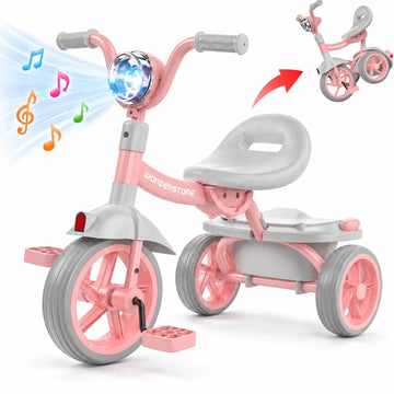 WonderStone Folding Toddler Tricycle, Kids Bike with Music & Light, Toddler Trike with Basket, Gifts & Toys for 2-5 Year Old Boys & Girls, Pink