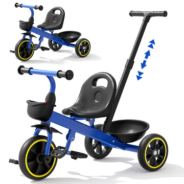 JoyStone 2-in-1 Toddler Tricycle for Ages 1-4 Years, Kids Trike Toddler Bike with Removable Push Handle, Adjustable Seat & Basket, Blue
