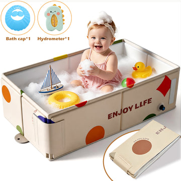 Wonderstone Portable Foldable Bathtub, Rectangle Baby Shower Tub with Drainage Design, Beach Vacation Travel Essentials for 1-3 Kids Toddler (off-White)